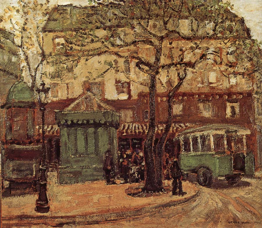 Grant Wood Greenish Bus in Street of Paris